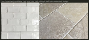Three Whites Glazed Ceramic 3" x 6" Subway Tile in Perfect Cream White paired with Aged French Limestone Marie Antoinette