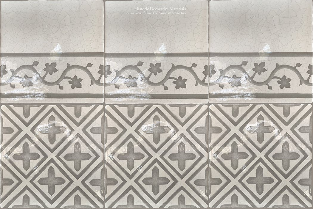 Carriage House English Encaustic Tile Collection - Points of Light & Oak Leaf Border on Vintage Warm White