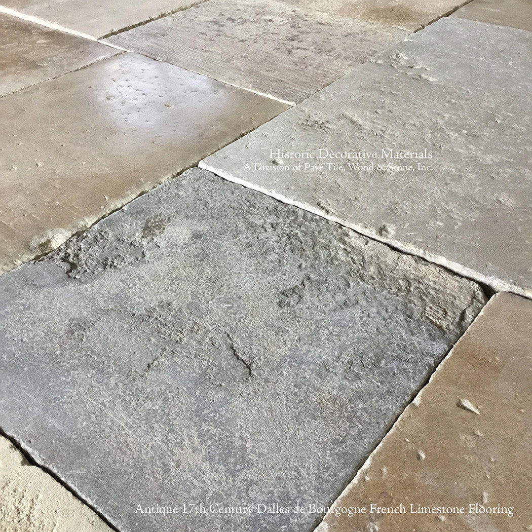 Antique French Limestone Floor Dalle de Bourgogne can have a mix of beautiful gray, ivory and amber hues.