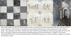 Antique Italian Black and White Nero & Bianco Carrara Marble Checkered Stone Flooring + Delft Tiles
