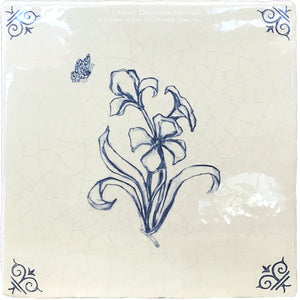 Flower 3 - Antiqued Delft Tile on Vintage Warm White Field