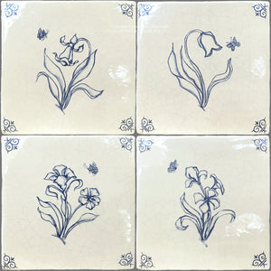 Set of 4 Delft Flower Tiles on Vintage Warm White Field