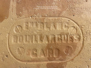 Did you know our French reclaimed terra cotta tile parefeuille in the yellow tones were only made in Gard, France?  Over 150 years ago +, here is a stamp you may find on more than one of your tiles showing the region of Gard, France where it was hand made.  