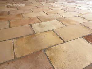 This is the French Reclaimed Terra Cotta Tile Parefeuille from Gard, France with a clear sealer and a final WAX treament.  Like wood floors, the surface texture and the colors of reclaimed terra cotta tiles can change depending on one's aesthetic goals.  You don't want enhanced colors?  Then just a CLEAR SEAL - NO WAX! 