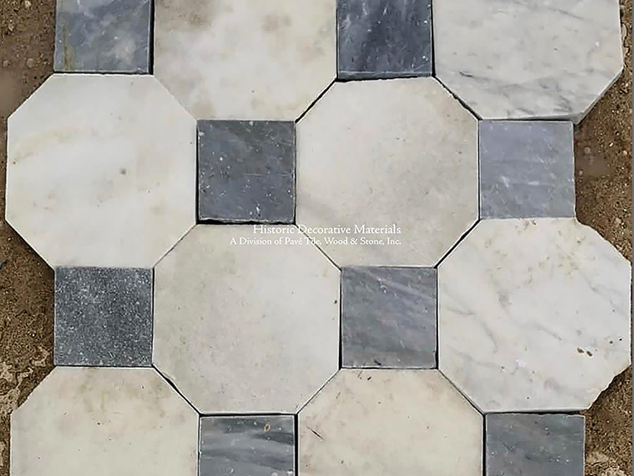 Antique Italian Bianco Carrara Octagon and Nero Cabochon Marble Stone Flooring