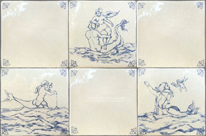 Antiqued Delft Tile Sea Creatures + Oxtail Corner Tiles on Vintage Warm White Field Tile