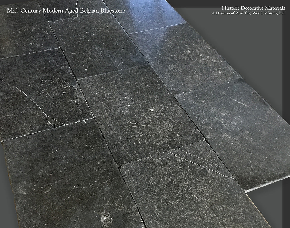 Prepping for Pavé showroom installation Mid-Century Modern Aged Belgian Bluestone