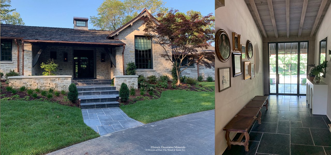 Install antique Belgian bluestone in entryways with a gallery wall to create an historic ambiance.