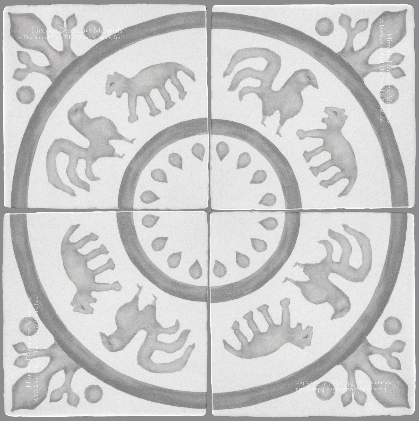 French Encaustic Decorative Wall Tile " Rosace: Rooster and Fox"