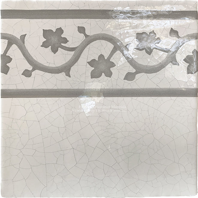 Carriage House English Encaustic Tile Collection - Oak Leaf Border on Vintage Warm White