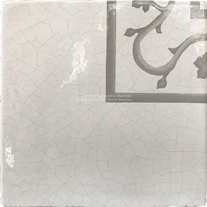 Carriage House English Encaustic Tile Collection - Oak Leaf Corner on Vintage Warm White