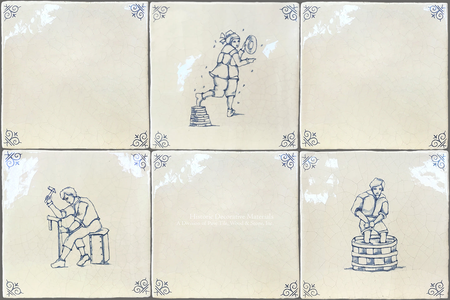 Dutch Blue 17th Century Antiqued Delft Tile Village Life:  Set of 5 Delft Tiles