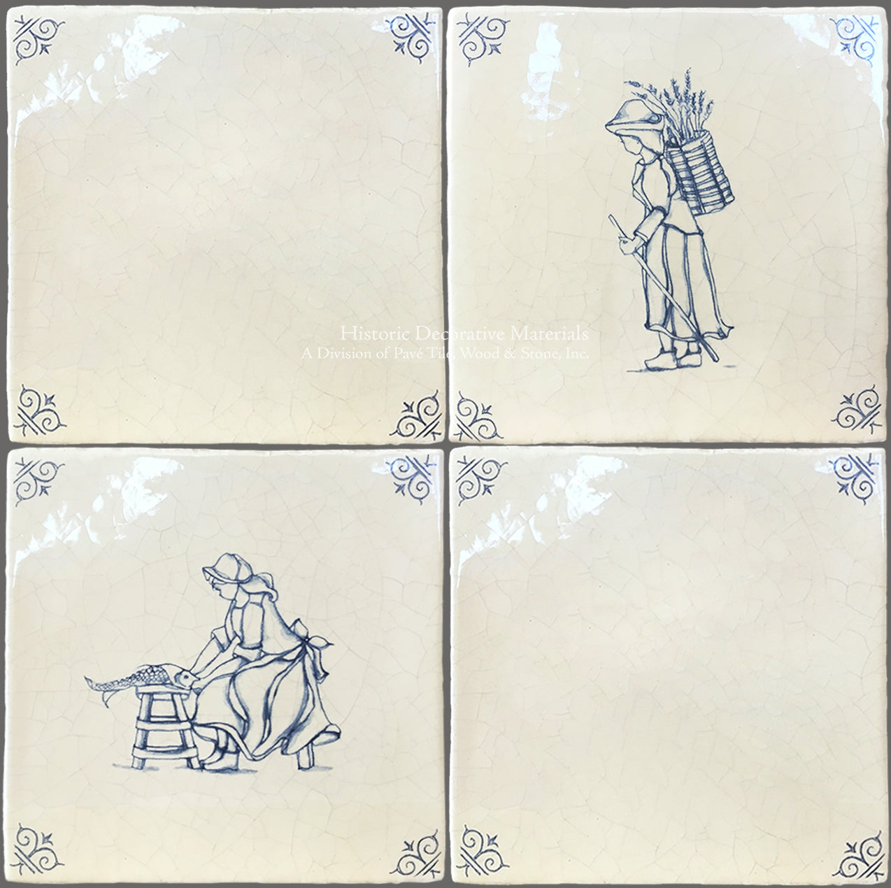 Oxtail corners enhance hand painted Delft tile motifs like pastoral scenes.