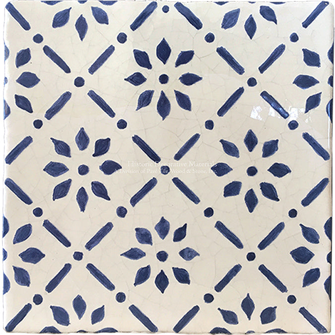 Hand painted vintage blue & white French petal wall tile designs create joyful interiors.
