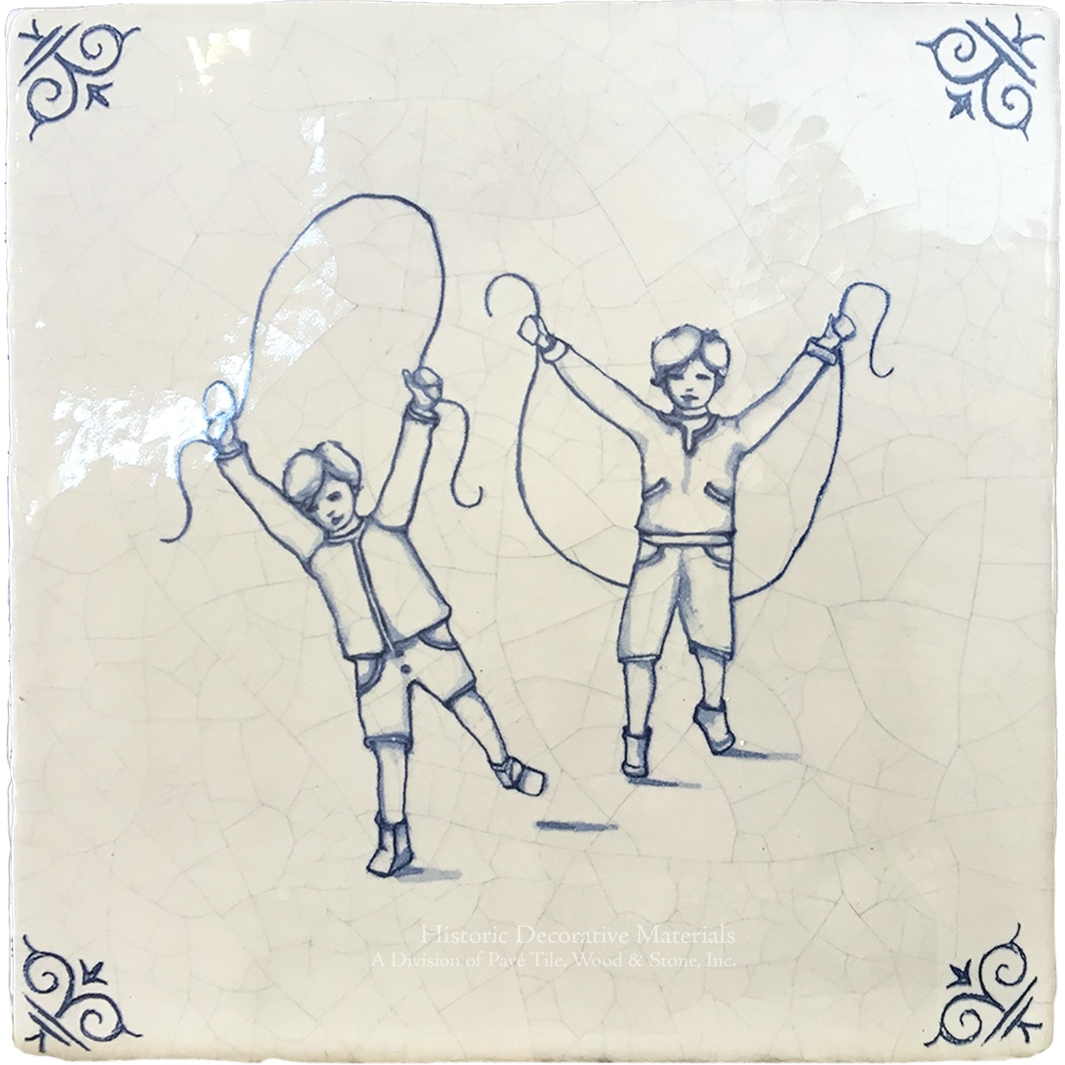 Two boys jumping rope is an Antique Delft Tile motif that brings joy to a kitchen backsplash.