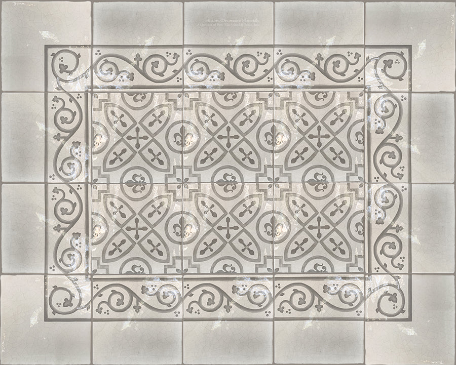 Carriage House English Encaustic Tile Collection - Scroll Corner, Scroll Border & King's Medallion on Vintage Warm White