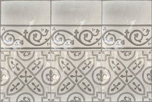 Carriage House English Encaustic Tile Collection - King's Medallion & Scroll Border on Vintage Warm White