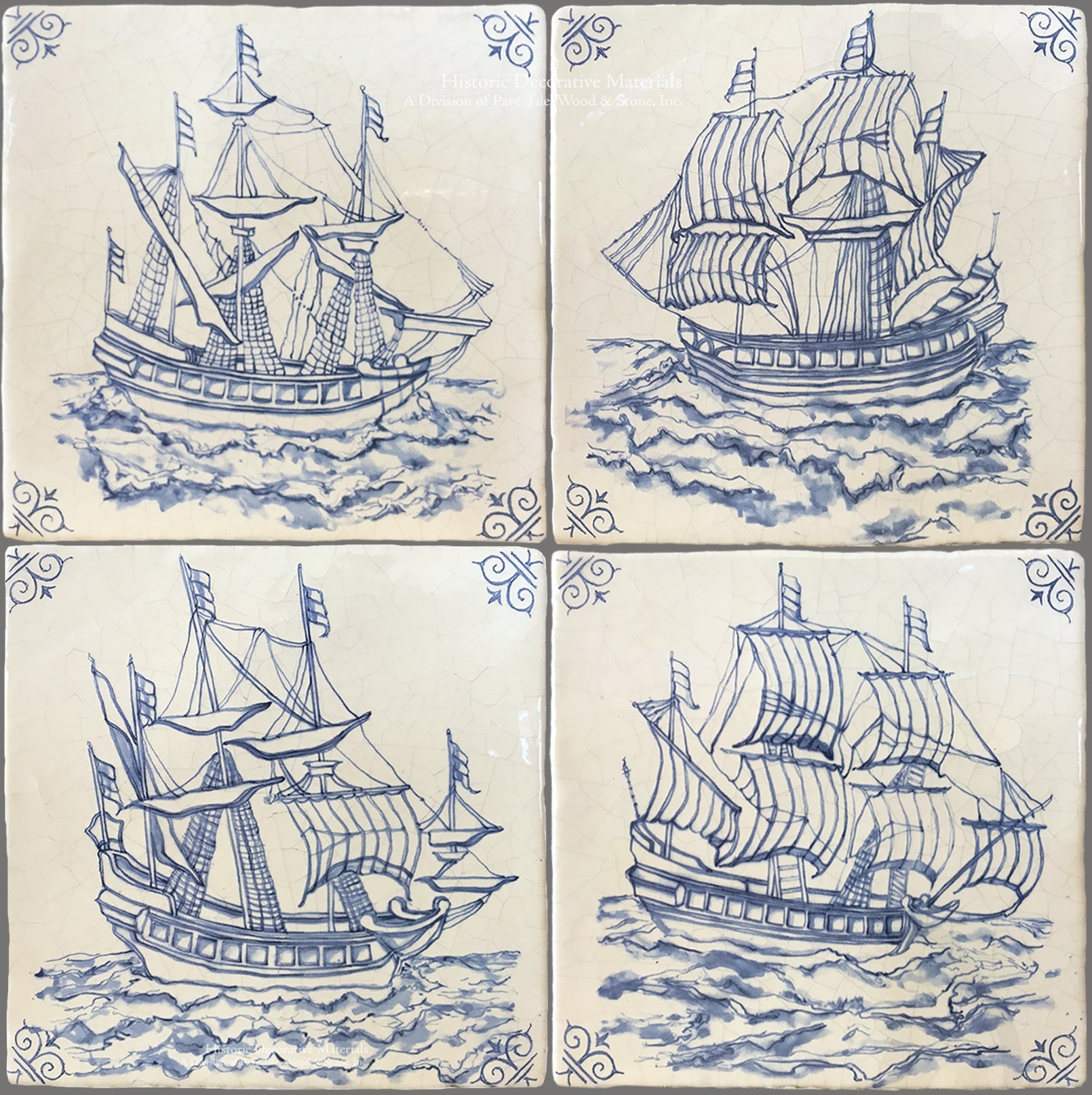 Hand painted Sailing Ships and Oxtail corners are decorative tiles for historic interiors.