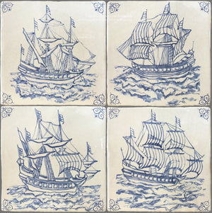 Antiqued Delft Tile Set of 4 Ships on Vintage Warm White Field Tile