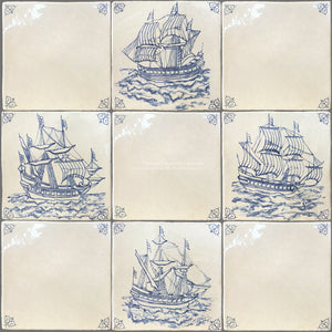 Antiqued Delft Tile Ships + Oxtail Corner Tiles on Vintage Warm White Field Tile