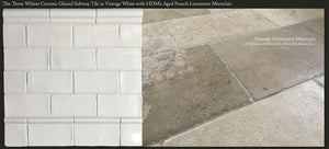HDM's Glazed Ceramic 3" x 6" Subway Tile paired with Aged French Limestone Montclair