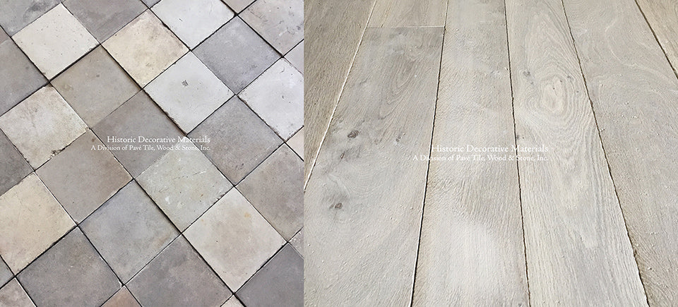 Salvaged gray cement tiles find  a partnership with aged grey French oak flooring.