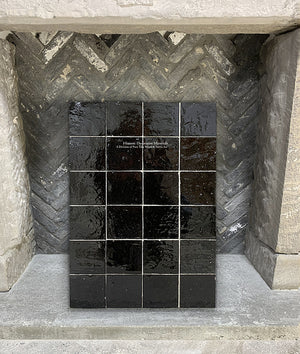 l'Art de Fez Midnight Black Zellige Tile + Antique Belgian Bricks and French Fireplace