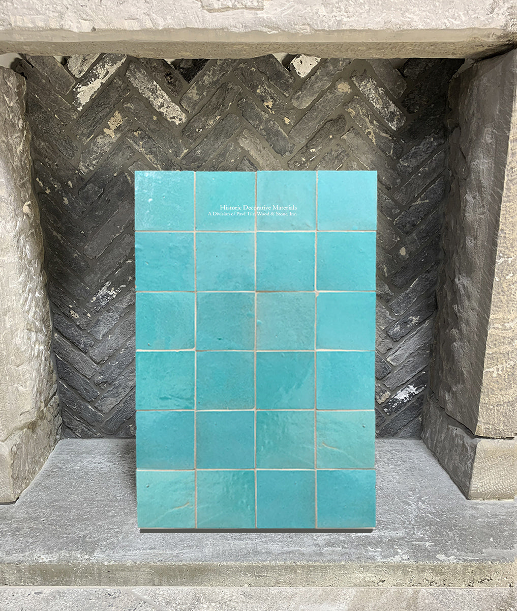 l'Art de Fez Aegean Sea Zellige Tile + Antique Belgian Bricks + Antique Fireplace