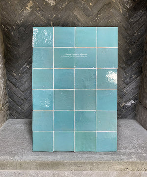 l'Art de Fez Blue Moon Zellige Tile + Antique Belgian Bricks + Antique Fireplace
