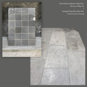 l'Art de Fez Stormy Gray Zellige Tile + Antiqued Grey Bar French Limestone