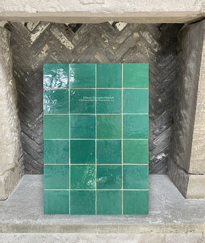 l'Art de Fez Lagoon Green Zellige Tile + Antique Belgian Brick + Antique Fireplace