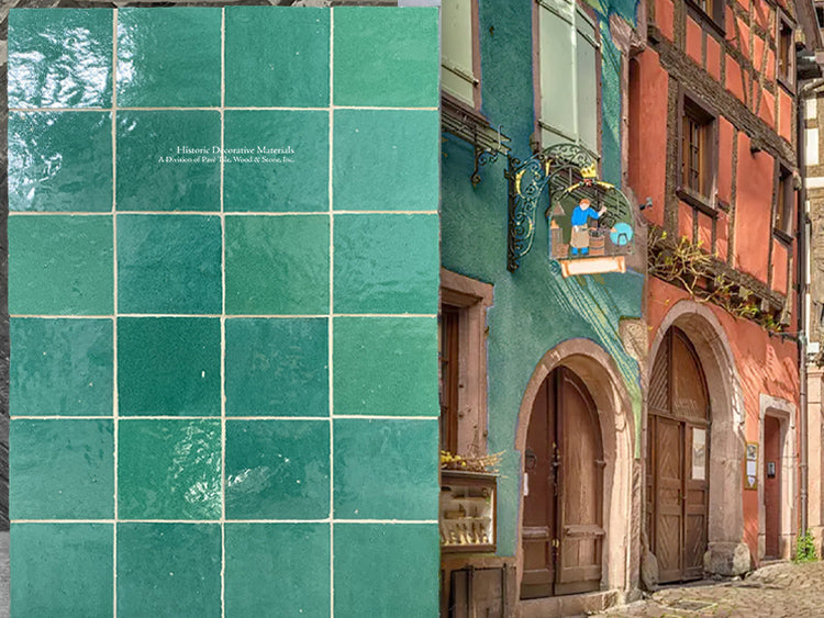 l'Art de Fez Lagoon Green Zellige Tile + Terra Cotta, Plaster, Wood + Stone