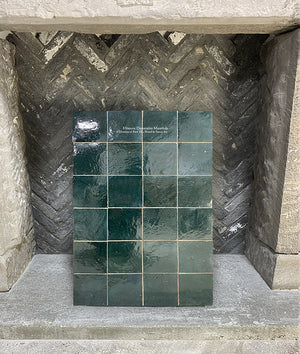 l'Art de Fez Pine Grove Green Zellige Tile + Antique Belgian Bricks + Antique Fireplace